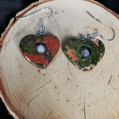 Boucle d'oreille en unakite et pierre de lune blanche