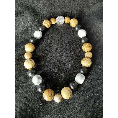Bracelet en jaspe paysage, howlite et bois d'ébène